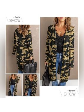 NWOT Women’s Long Sleeve Open Front Camo Print Knit Cardigans, Green, Large